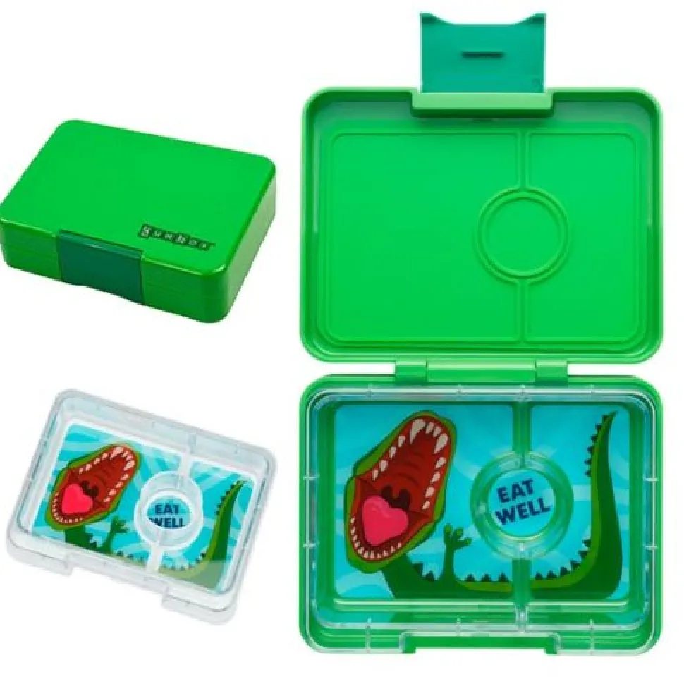 Caja almuerzo Yumbox snack 3 compartimentos verde dinos